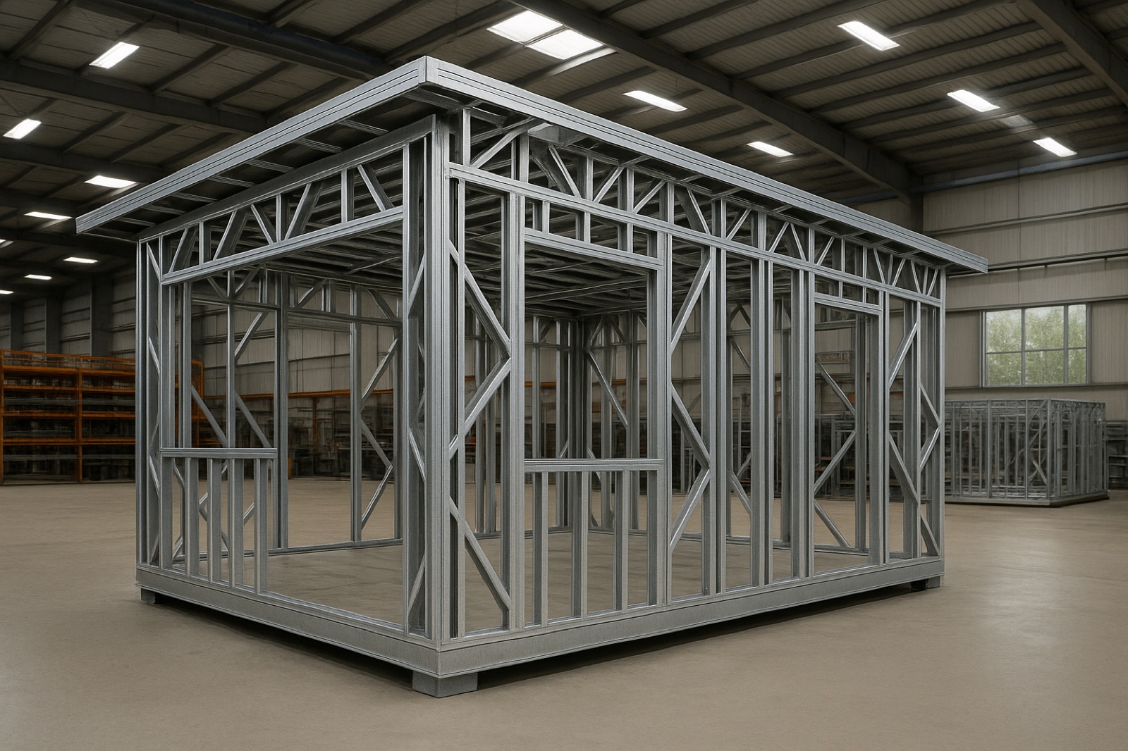 A steel home frame inside the factory