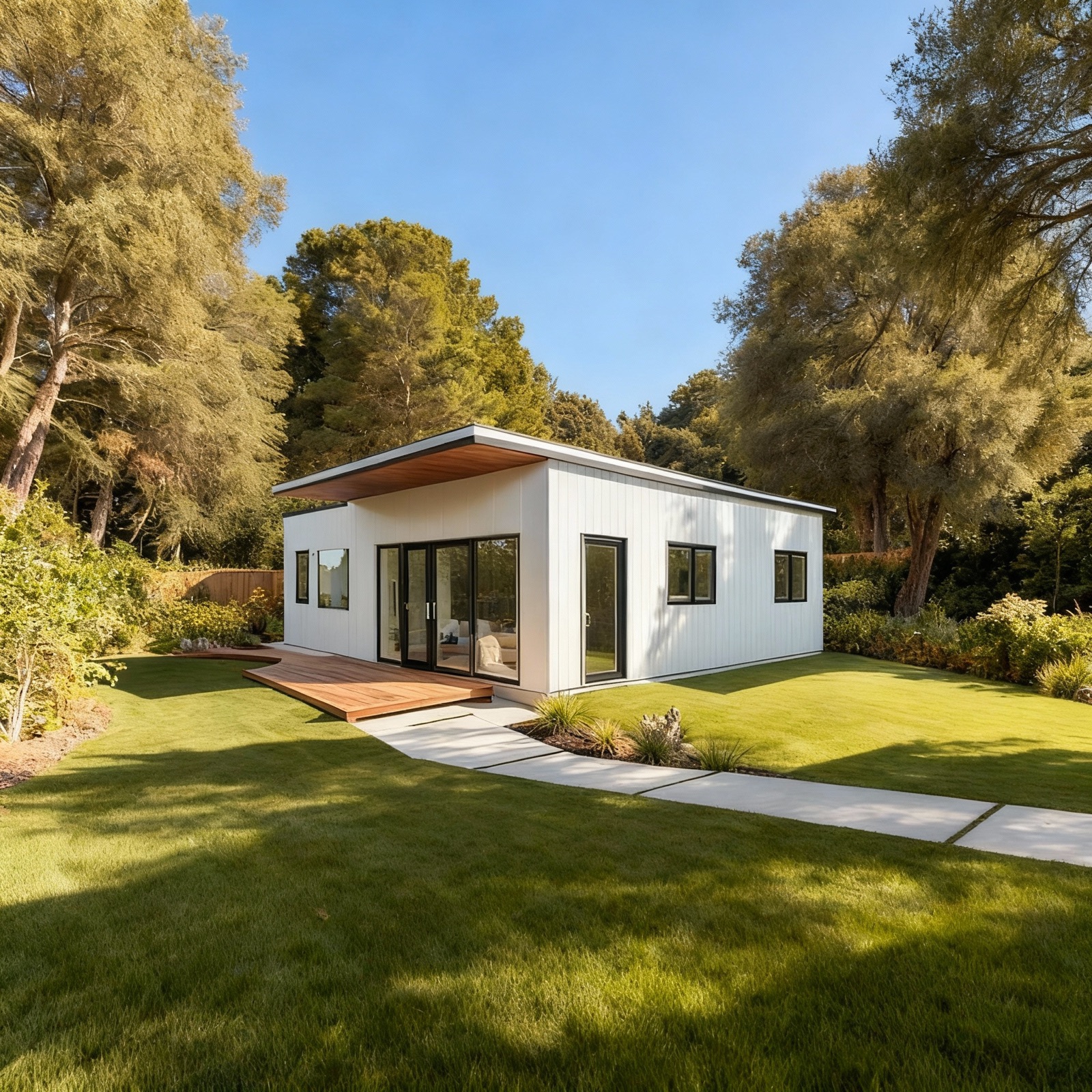 A modern white Placeable home set among trees